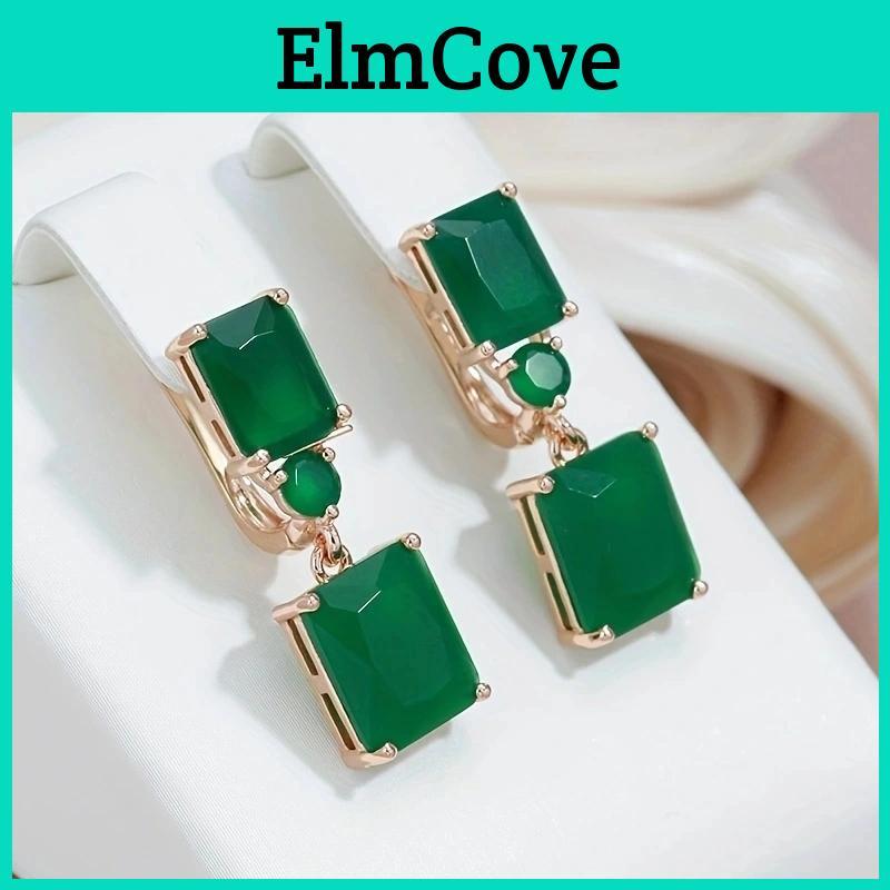 Pair Square 1 Dark Big Green Zircon Drop Earrings For Women Gold Color Vintage Ethnic Trendy Fine Jewelry