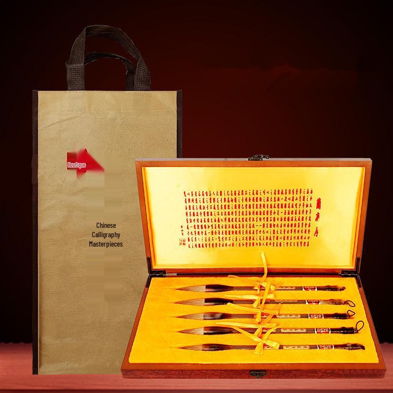 Chenlong White Ox Horn Pen Holder & Five Wolf Hair Brushes Set with Jade Polished Gold in Wooden Gift Box