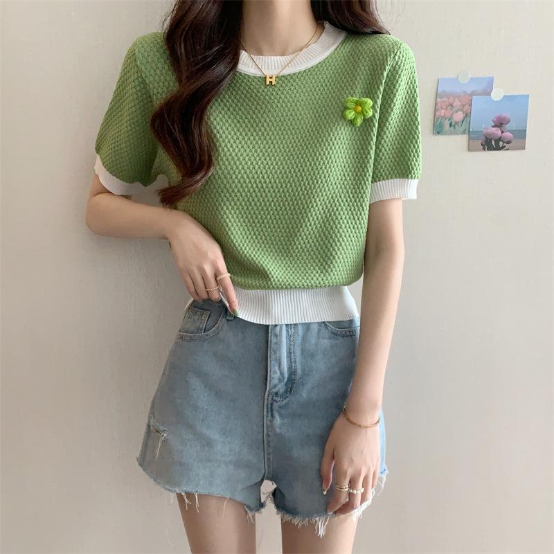 

Летняя футболка с короткими рукавами и вафельным узором, летняя, с ярким дизайном, в стиле «удобный фасон», облегающая, с короткими рукавами, футболки One Size зелёный