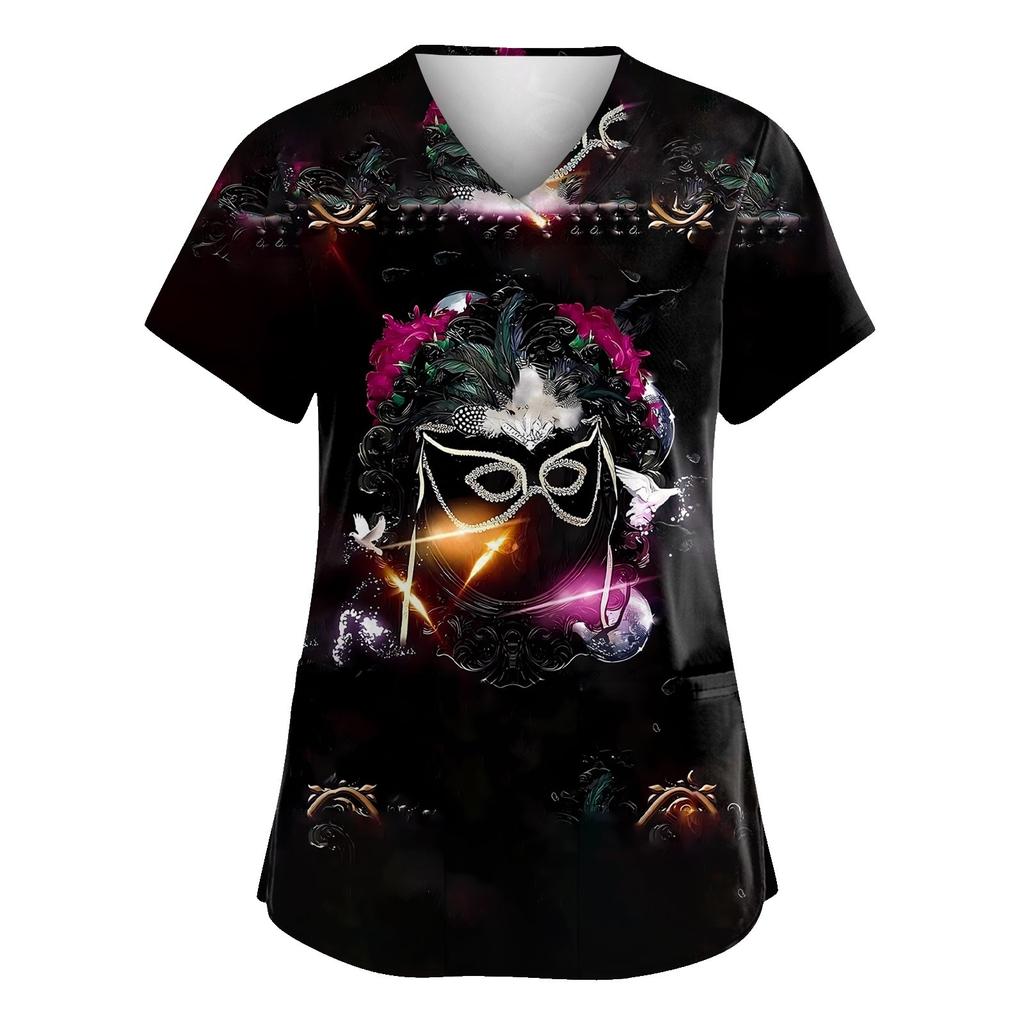 Damen Karneval Bedruckte Uniform Arbeitsuniform V-Ausschnitt Tasche Schützende Uniform