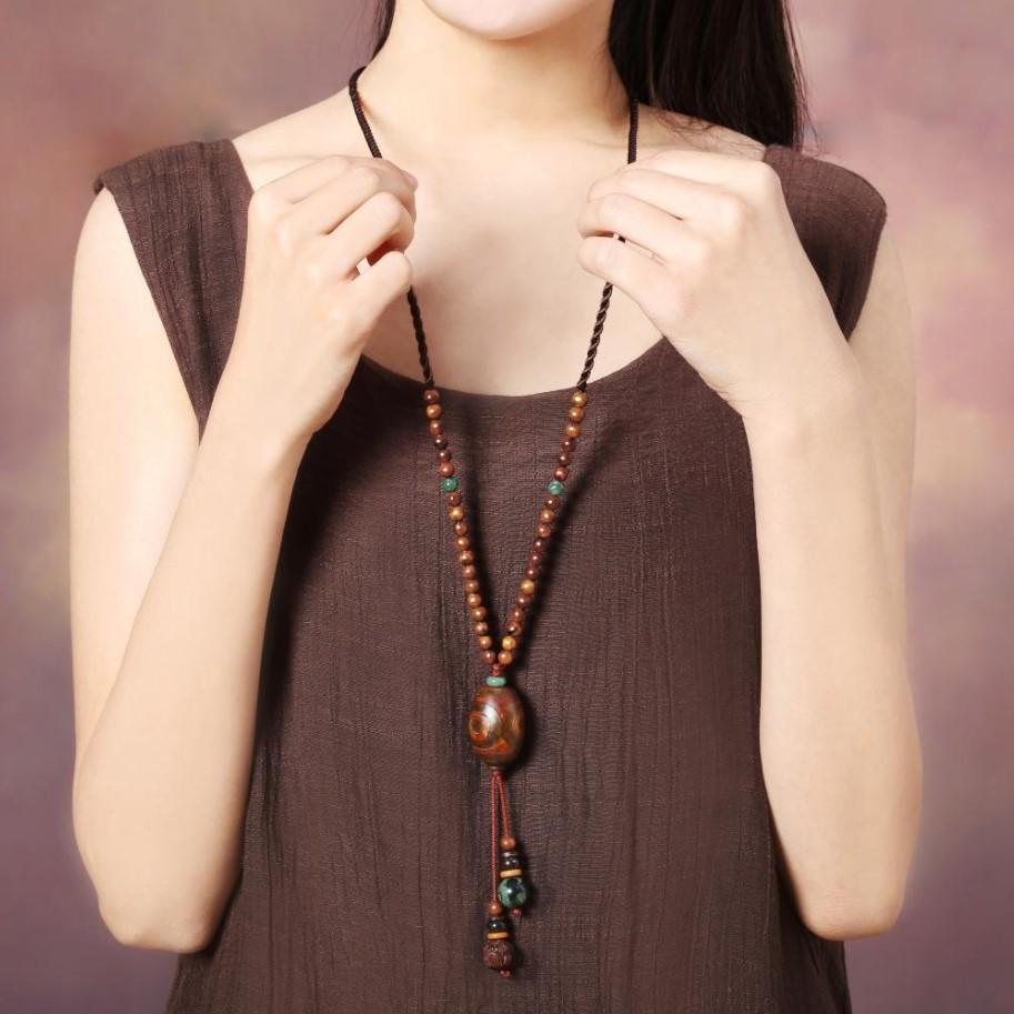 

GEMCHIC Women s Ethnic Style Three-Eyed Dzi Bead Pendant Necklace Long Sweater Chain Vintage Boho Jewelry