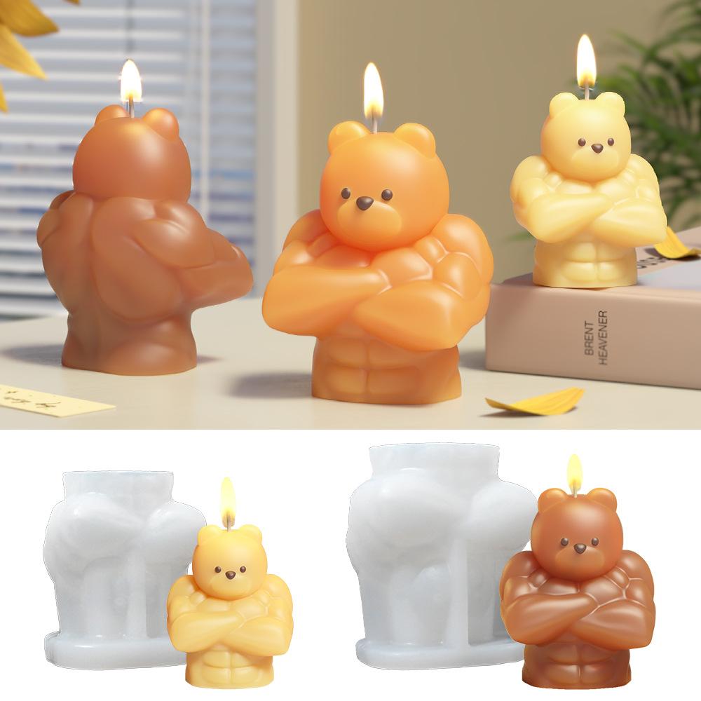 3D Birthday Bear Aromatherapy Candle Mold DIY Cute Muscle Bear Abdominal Muscle Gypsum Mold for Birthday Gift Cake Candle Decor