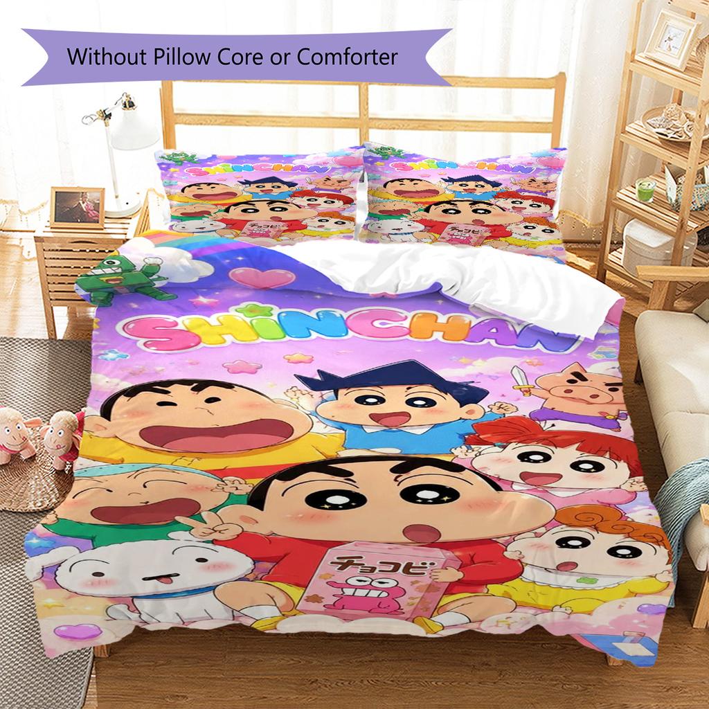 Anime Crayonshinchan Pattern Bedding Set Quilt Cover Pillowcase Home Decor Gift (1 * Duvet Cover + 2 * Pillowcase, Without Core)