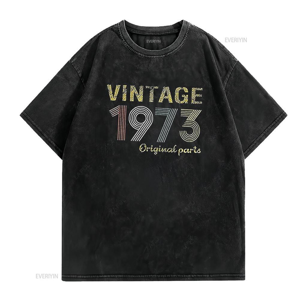 Birthday GifT T Shirt Vintage 1973 Original Parts for Women Letter Print Retro Casual Tops Black vintage Washed Soft Stretched