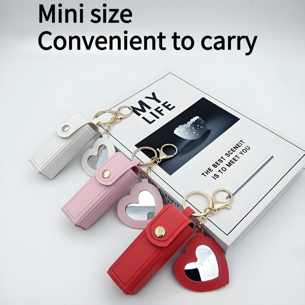 1PC portable red envelope, love mirror lipstick protective leather case, cute and simple pendant keychain.