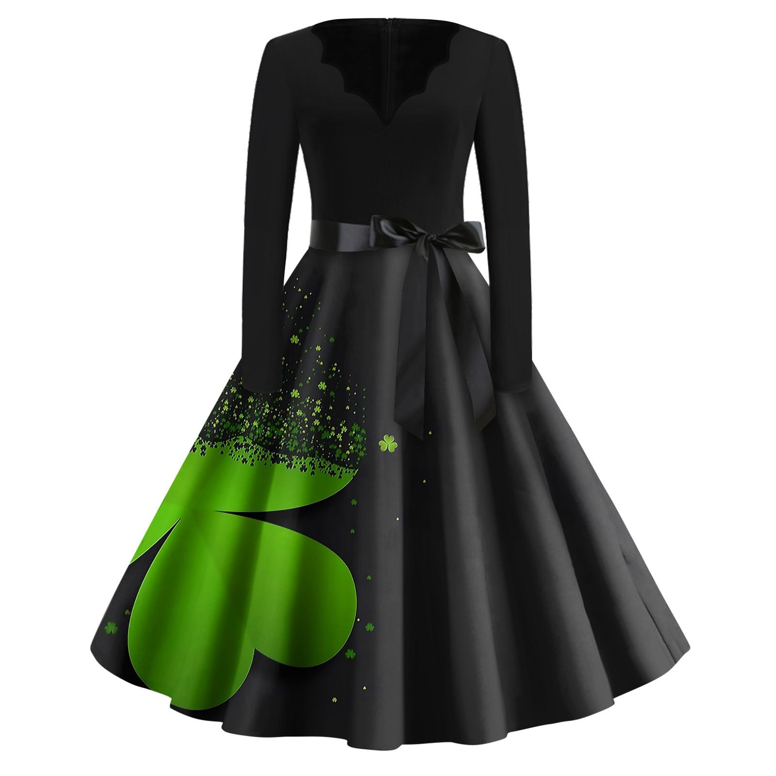 

Женская мода с v-образным вырезом, повседневные тонкие платья с длинным рукавом и принтом ко Дню Святого Патрика L чёрный