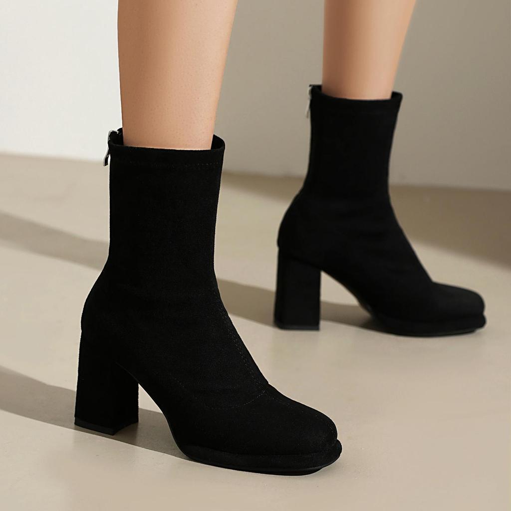 Damenstiefel in Übergröße, High Heel, Runde Spitze, Martin Boots, Klobiger Absatz, Reißverschluss hinten, Leder, Schlankmachende Stiefel für Herbst/Winter 2026.