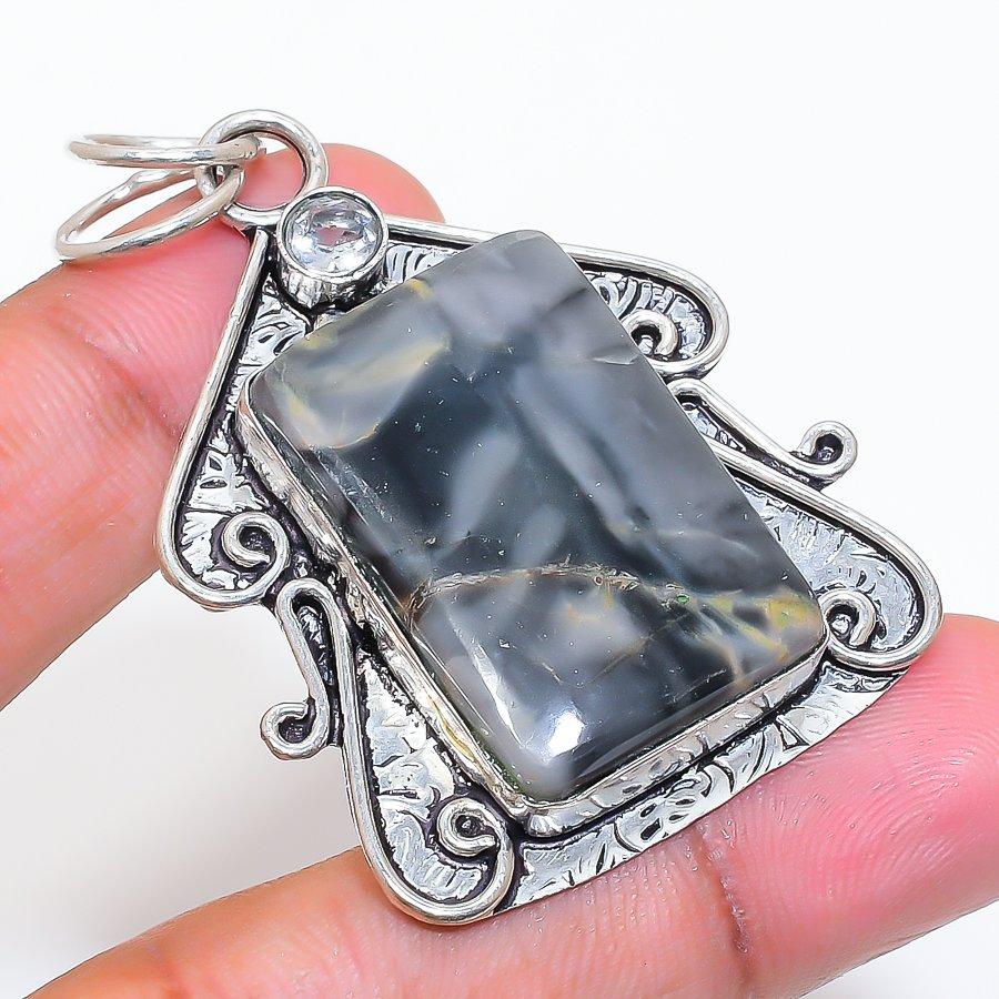 Natural Maligano Jasper, Topaz 925 Sterling Silver Jewelry Pendant 2.29" ZS-738