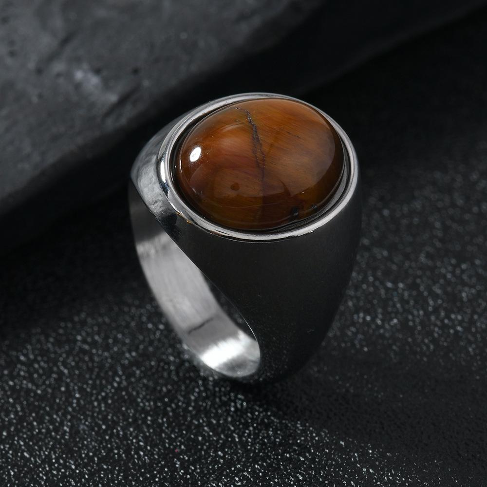European & American Luxury Stainless Steel Oval Natural Stone Couple Ring
