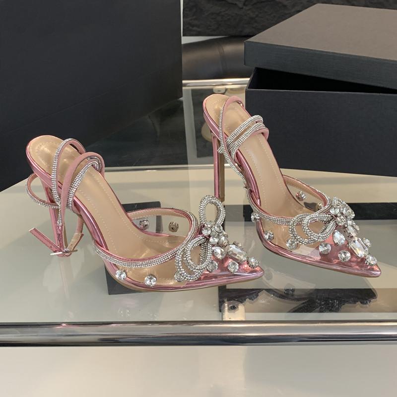 Fashion Fashion Transparent PVC Rhinestones Bowknot Women Pumps Sexy Ankle Strap Crystal Thin High heels Slingbacks Sandals Summer Shoes