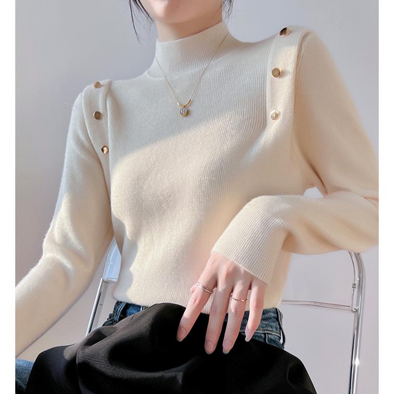 Pull Tricoté Élégant Mode Col Mi-Haut Uni Femmes Automne Décontracté Coupe Slim Manches Longues Pulls Femmes Tops Hiver Chaud Maille de Base 24880