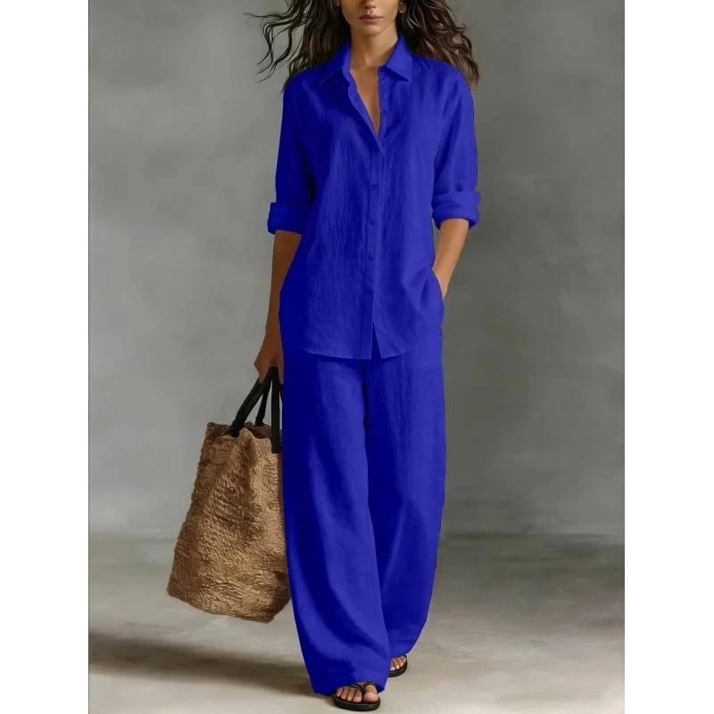 Fashion Linen Shirt Long Sleeved Women's Set Spring Autumn Loose Wide Leg Trousers Female Office Set