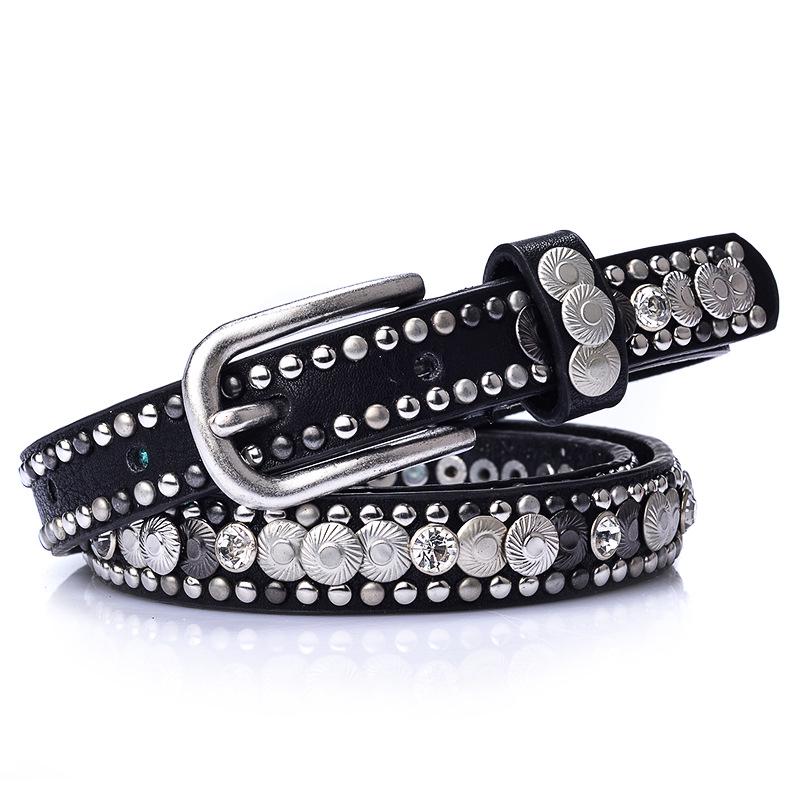 Ethnic Style Retro Rivet Leather Belt with Rhinestone Inlays for Women