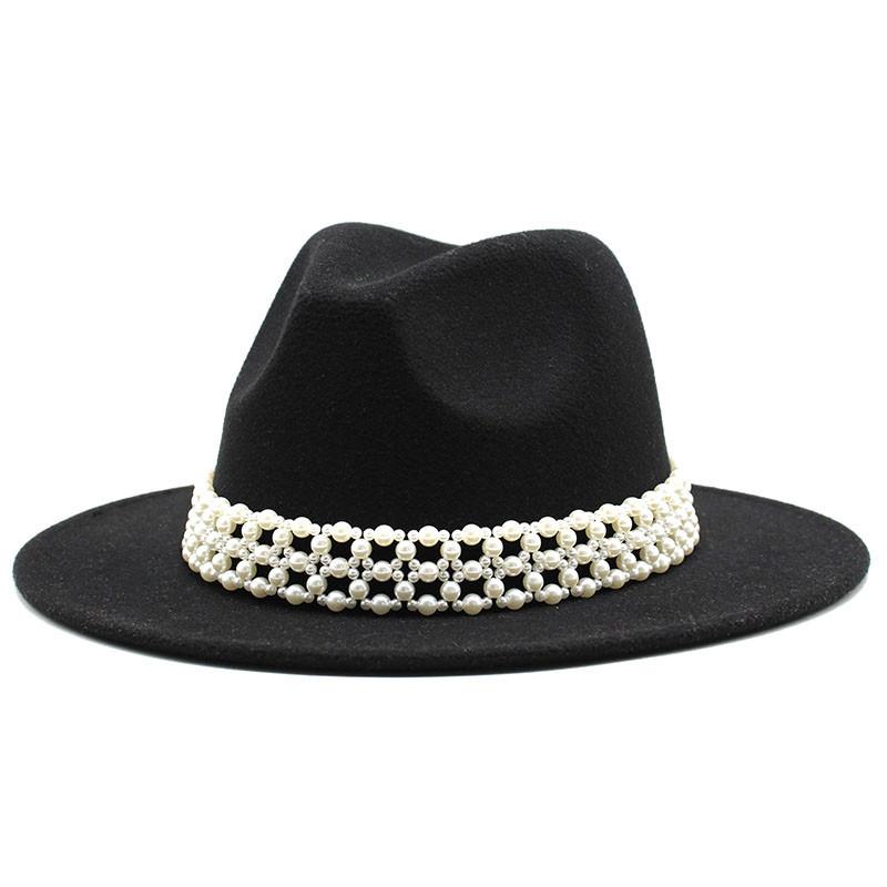 High-Grade Pearl Woolen Top Hat, Flat-Brimmed Big Eave Hat, Versatile Straight-Brimmed Jazz Hat