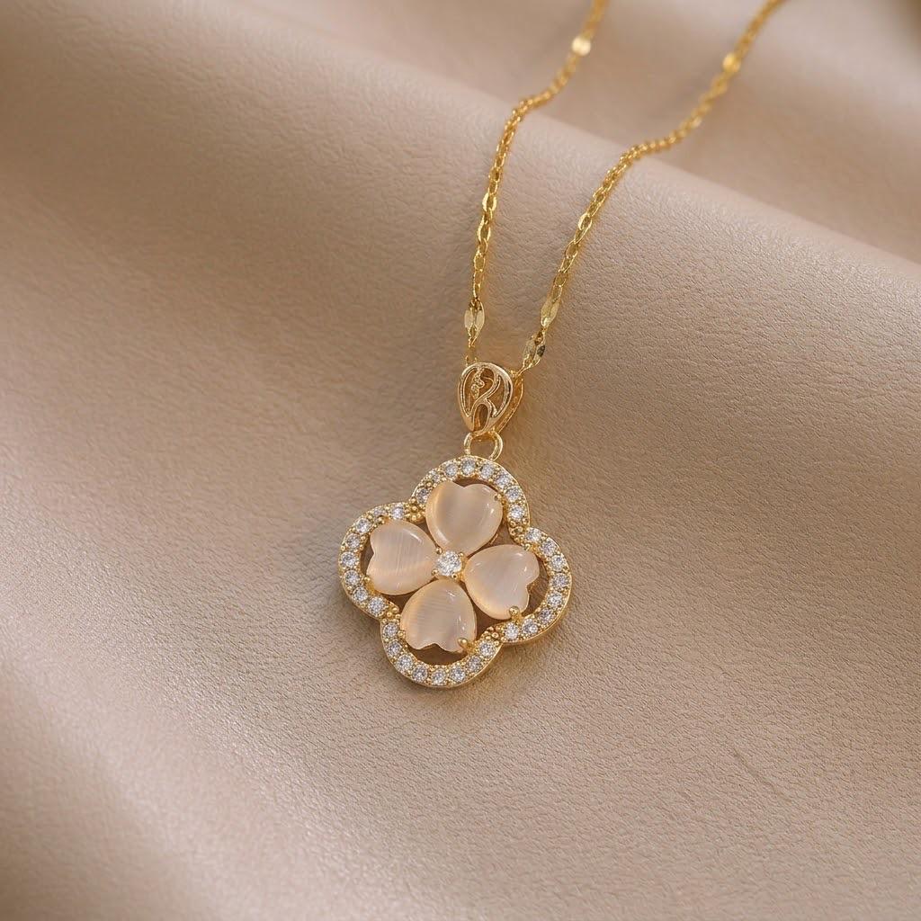 European-American Floral Pearl Necklace with Zirconia Flowers and Full Diamond Pendant