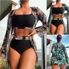 European And American Maple Leaf Printing Long-Sleeved Splicing Bikini Three-Piece Split Swimsuit Women'S European And American New Models