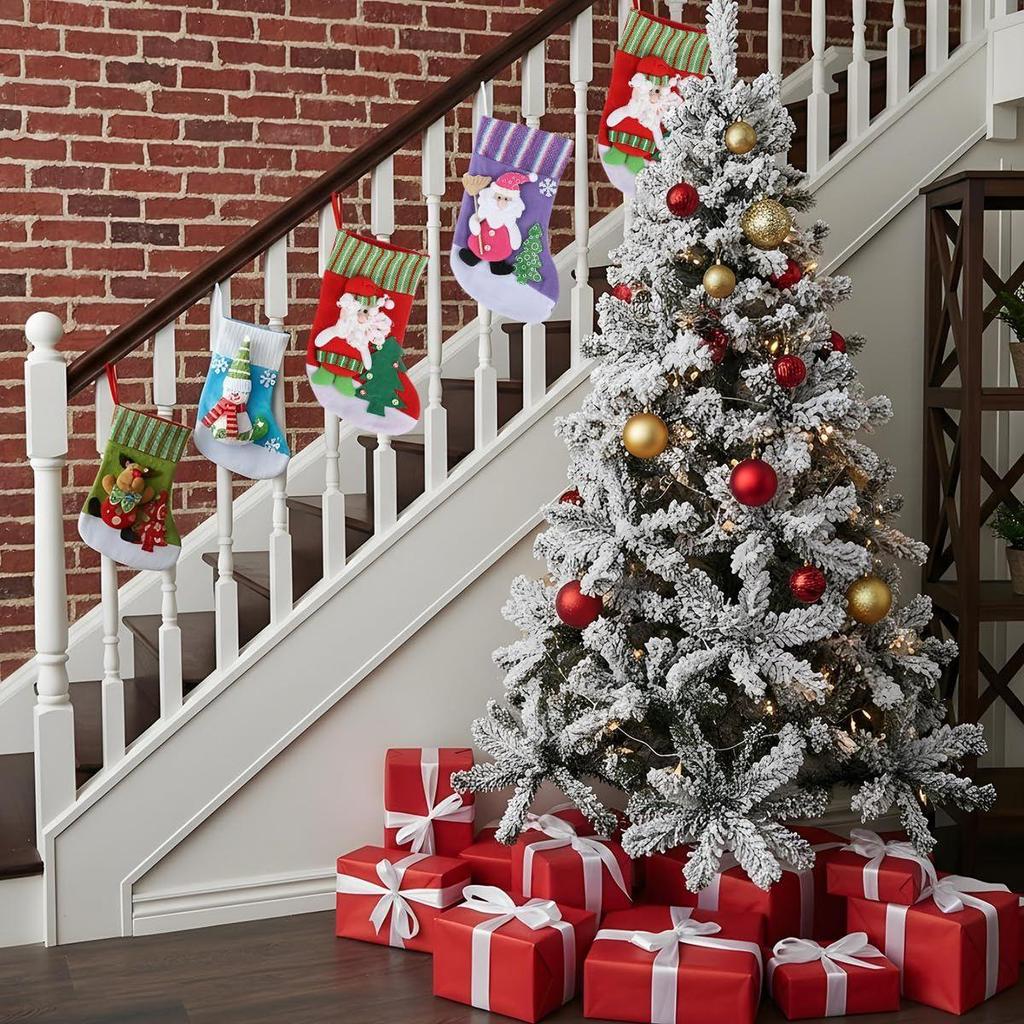 Set of 4 Christmas Decorations Stockings 2 Size Santa, Snowman, Reindeer Socks Hangings Christmas Tree Decoration Items Gifts Stocking Set