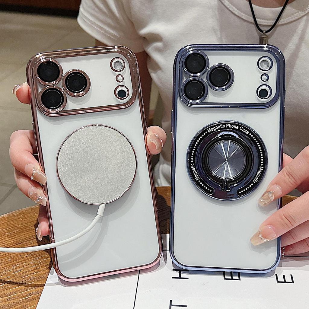 iPhone17PROMAX Electroplated Rotating Ring Magnetic Stand Case - Compatible with Apple 16 & 15 Soft Protection