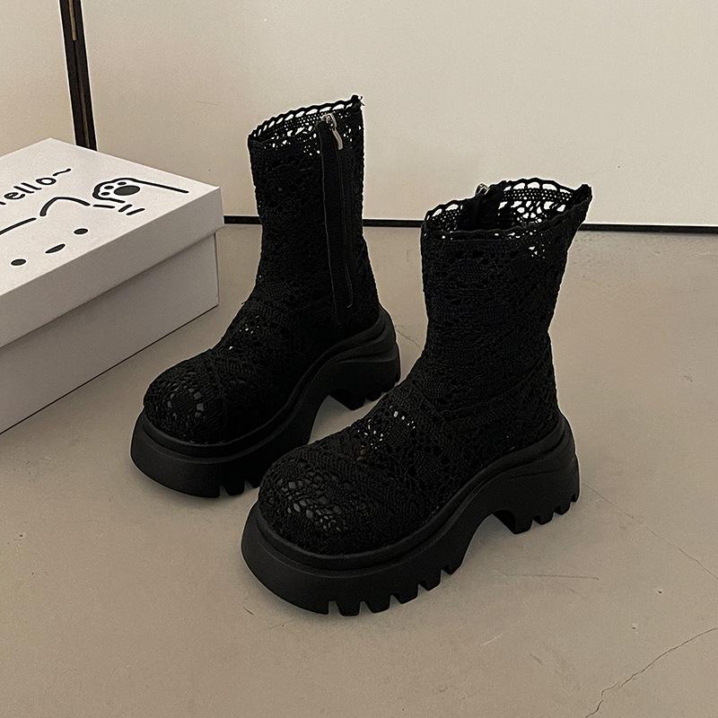 

Летние женские ботильоны на толстой подошве из изысканного кружева и сетки, крутые ботинки с модным дизайном, полые женские ботильоны высокого качества с высоким голенищем, Botas Mujer 35 чёрный