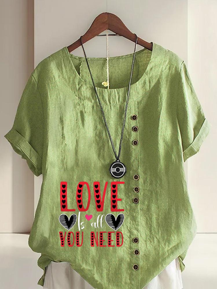 

Women s Fashion Rose Red Love Letters Print Casual Cotton Linen Short Sleeve Round Neck T-shirt Shirt Leisure Loose Summer Blouse Tops 5XL зелений