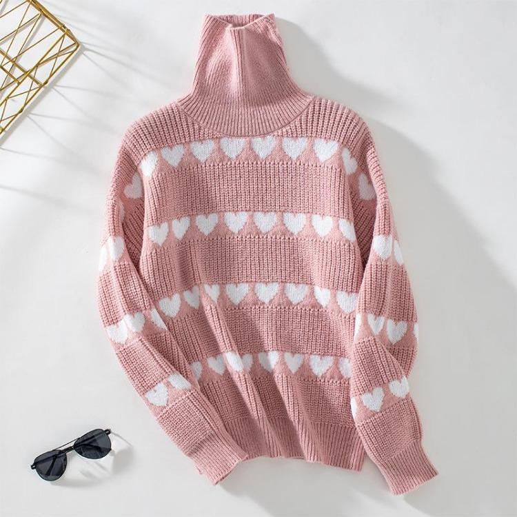 Vintage Strickjacke mit Herzmuster, lockerer Strick, Stehkragenpullover, langärmeliges Oberteil für Herbst und Winter