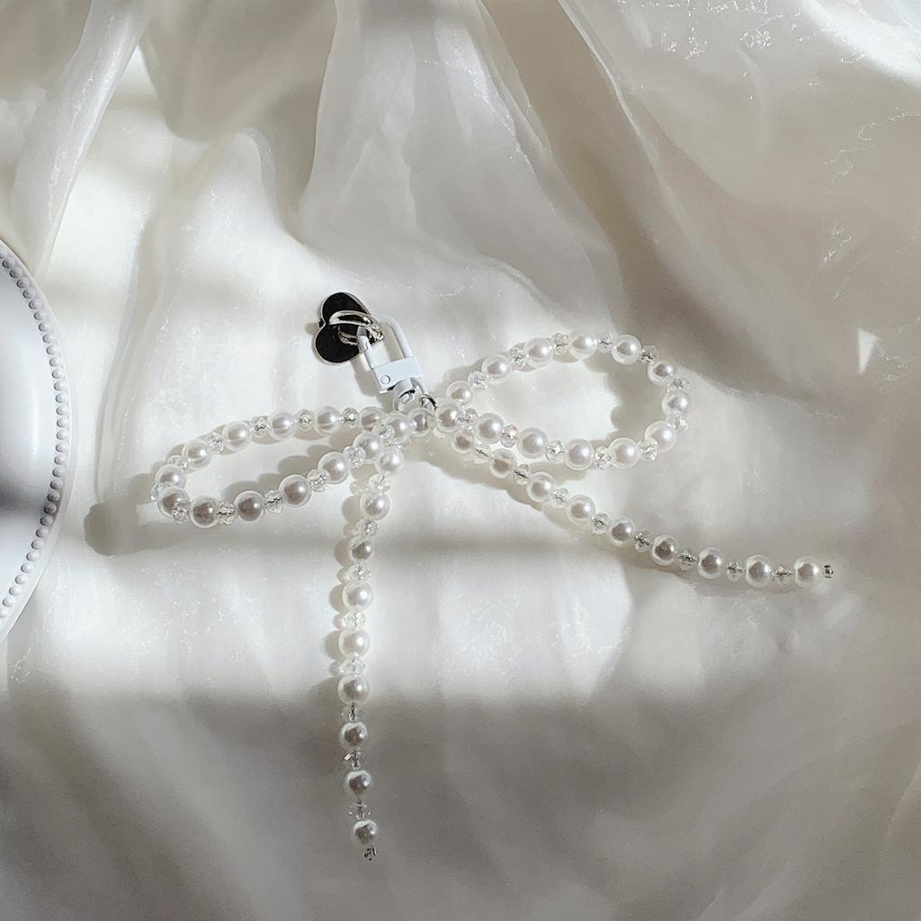 Fashionable Charm Phone Keychain with Imitation Pearls Beaded Bowknot Delicate Keychain Pendant Ornament Bag Decoration