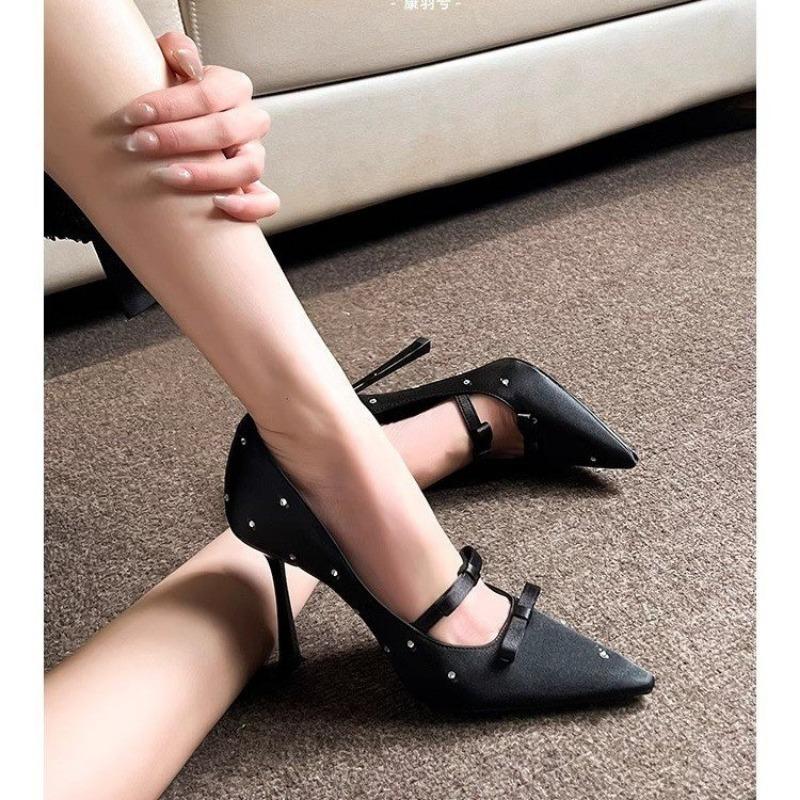 2025 Spring and Autumn new pointed black satin shallow mouth strap rhinestone high heels female fine heeled single shoes 9CM