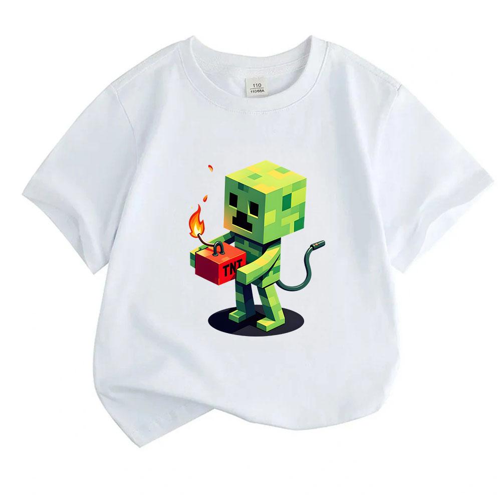 Kids Boys Girls 100% Cotton Crew Neck Short Sleeve T-Shirt, Funny Pixel Green Game Creeper Hold TNT Print Casual Soft Tee Tops for Children Daily Wear