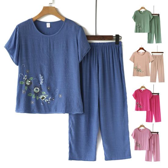 2Pcs/Set Middle-aged Mother Casual Top Cropped Pants Set Print Flower Print O-neck Short Sleeve Pleated Elastic Waist Wide Leg Daily Outfit