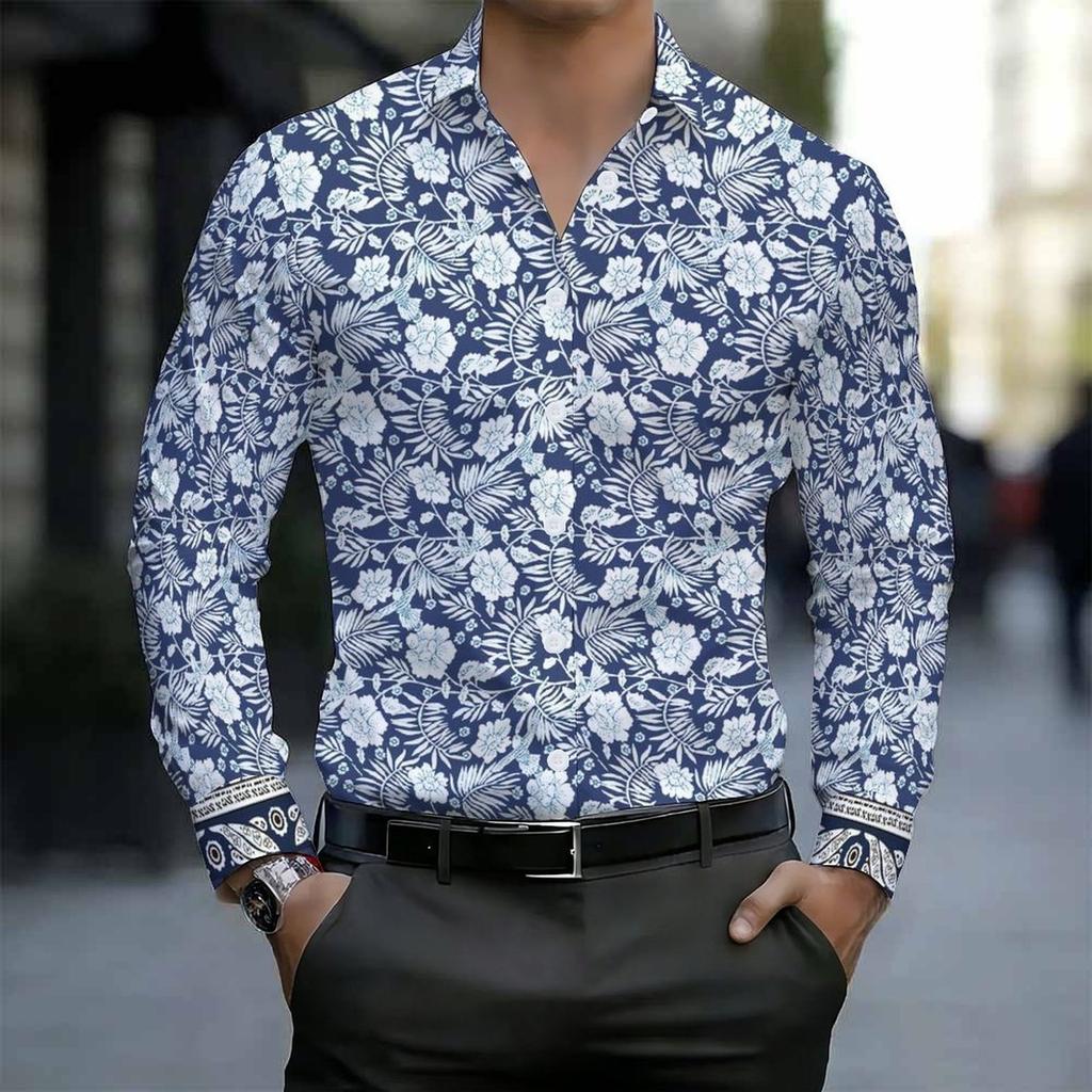 Men Collared Shirt Multicolor Vintage Paisley Diamond Floral Print Long Sleeve Button Down Top