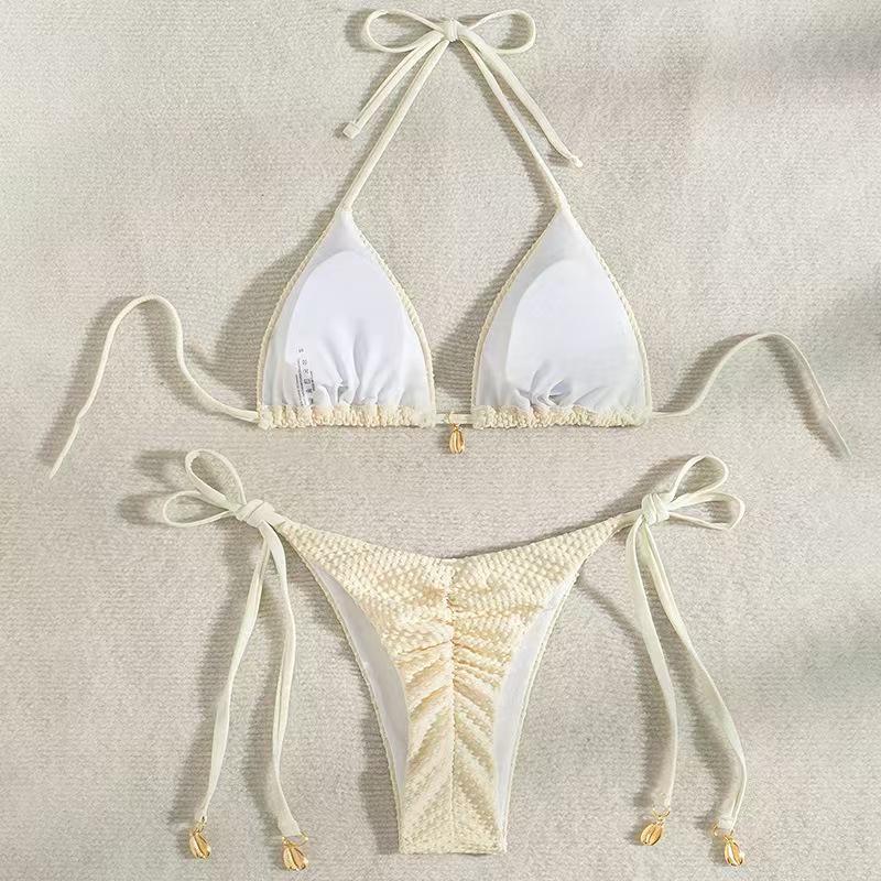2025 Women's Sexy Solid Color Swimsuit: Shell Tie-Up Bikini for Beach and Hot Springs