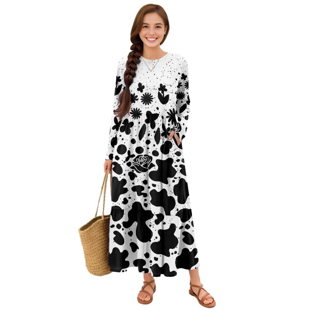 Повседневное платье с длинным рукавом для женщин, пэчворк юбка, свободное, мягкое платье S