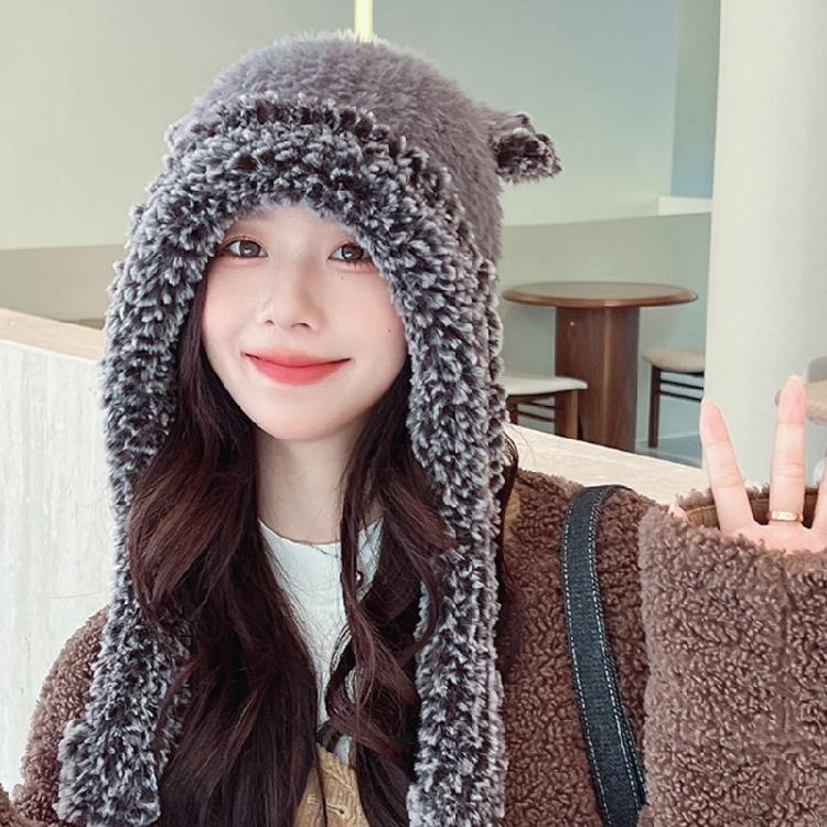 Thicken Windproof Beanie Plush Cute Bear Ear Shape Trapper Hat for Adult Teens
