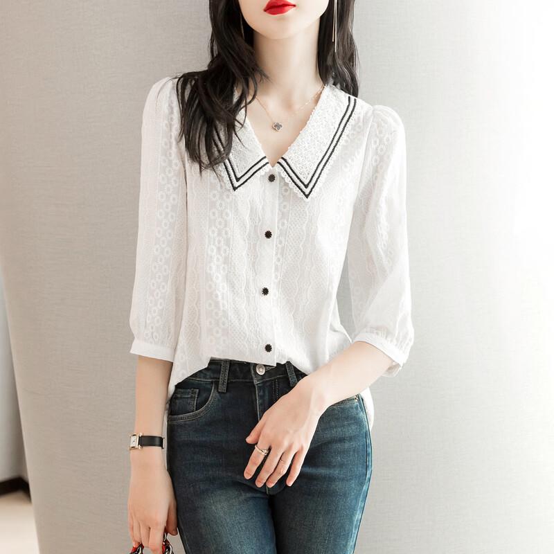 Srcr Women's Hollow Doll Collar Half-Sleeve Shirt