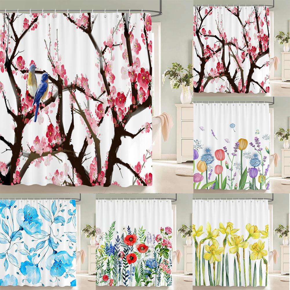 Plum Blossom Flower Leaves Shower Curtain Watercolor Plant Floral Pattern Waterproof Polyester Bathroom Curtain Decor With Hooks