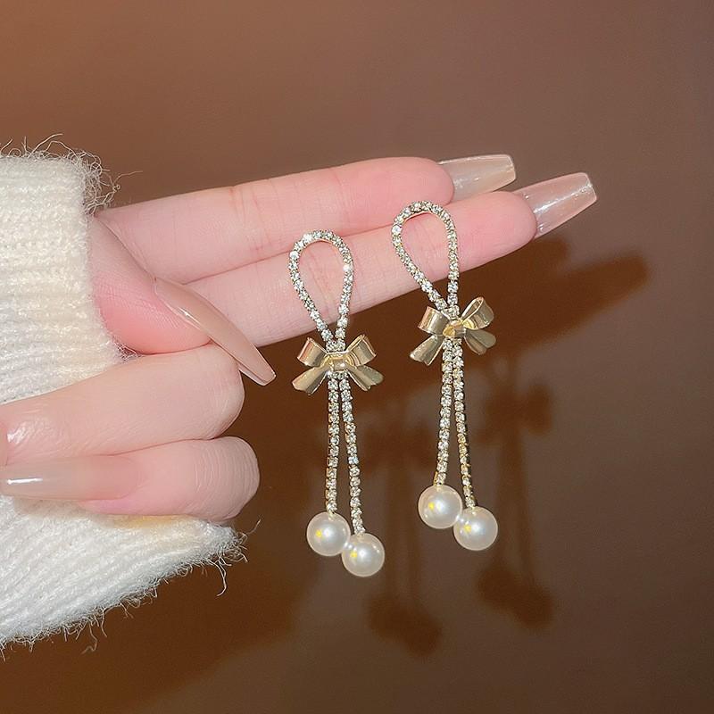New temperament bow tassel pearl earrings feminine light luxury temperament long earrings earrings
