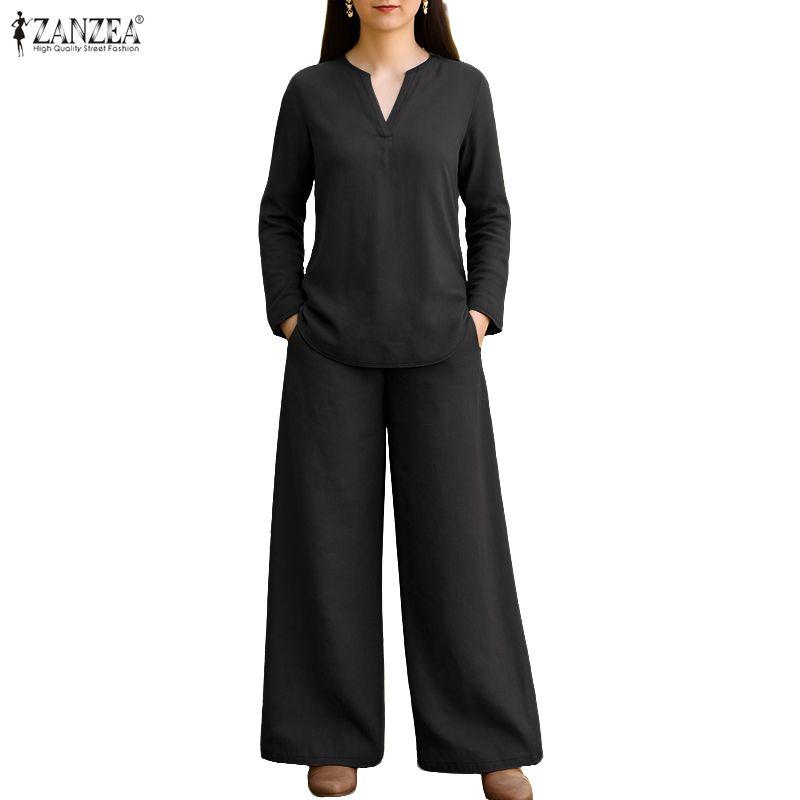ZANZEA Women Long Sleeve Blouse and Pants Casual Two Piece Suit Sets