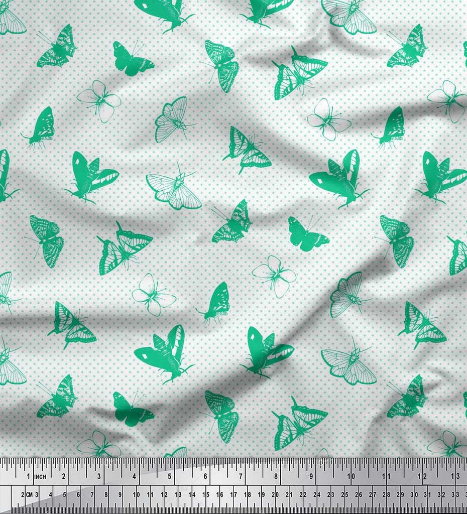 Soimoi Black Japan Crepe Satin Fabric Dot & Butterfly Print Fabric by Metre 42 Inch