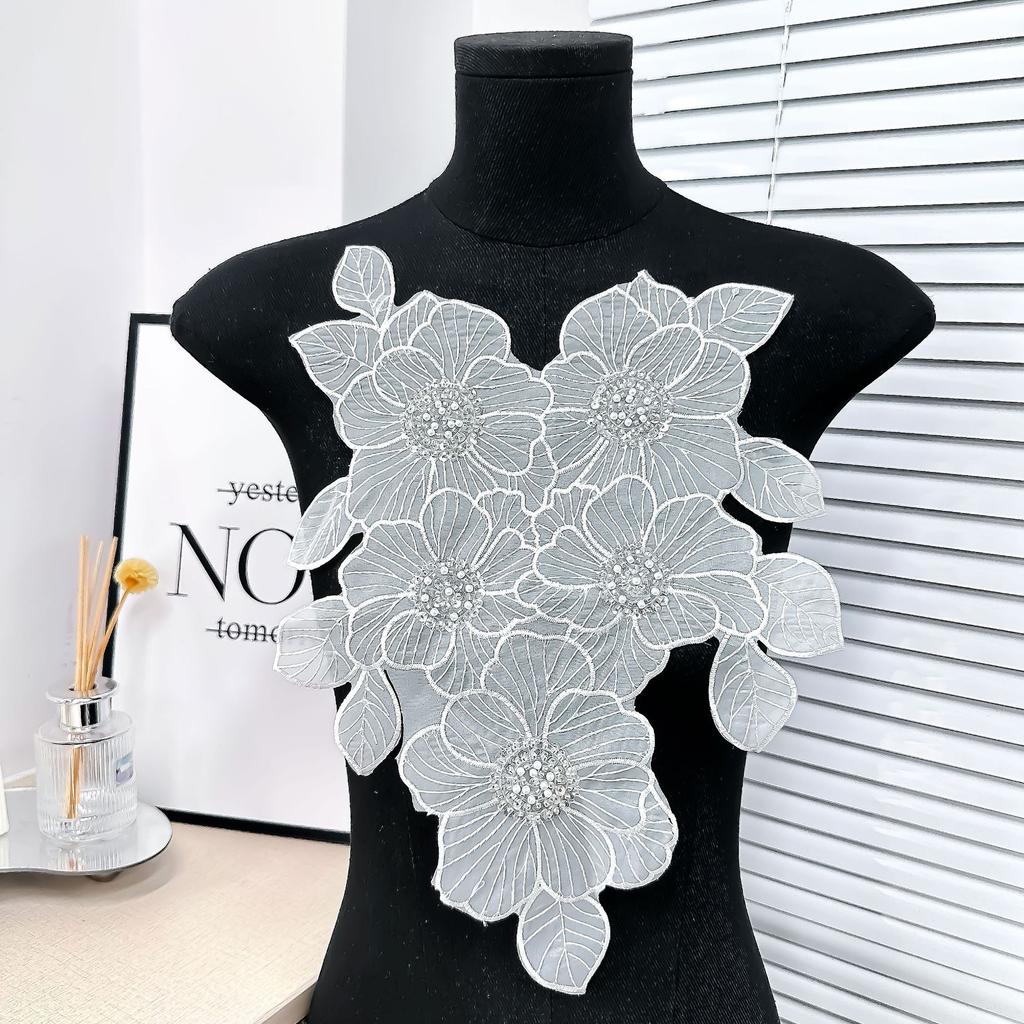 Apparel Accessories White Embroidery Beaded Pearl Flower Piece Collar Cloth Sticker Decal Decoration