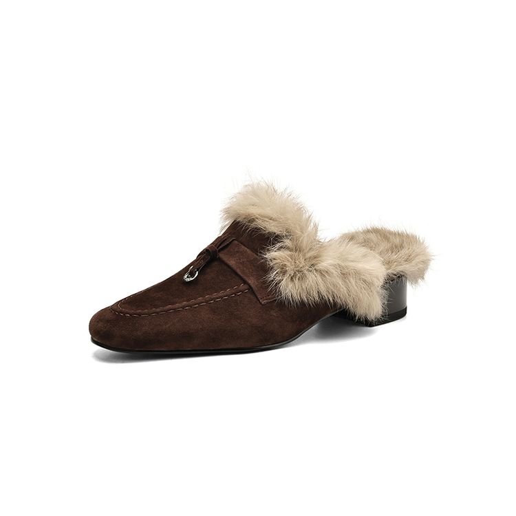 

Fashion NEW Winter Slippers Sheep Suede Leather Shoes Women Round Toe Low Heel Shoe Cover Toe Slingback Women Mules Rabbit Hair Slippers 34 коричневый