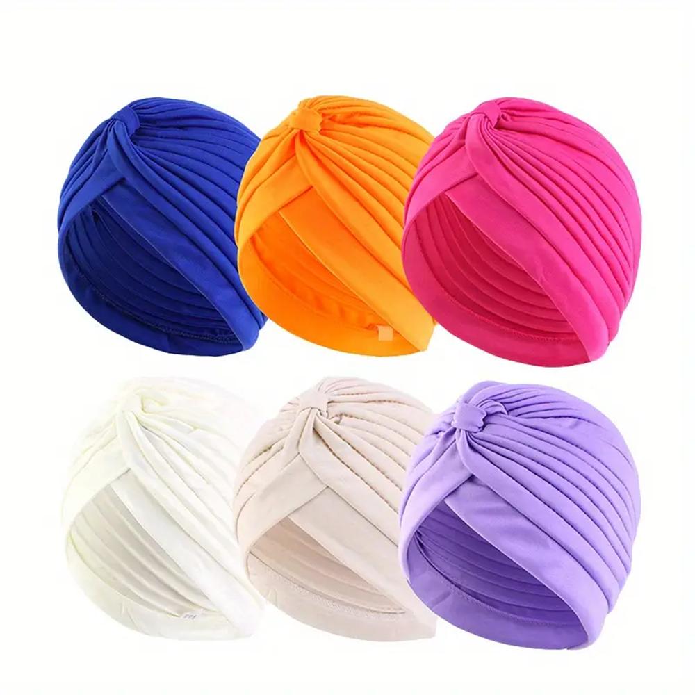 6pcs Soft & Cozy Womens Pleated Turban Caps - Elastic, Comfortable, Unscented Headwraps for Chemo, Solid Colors, Variety Pack Fo