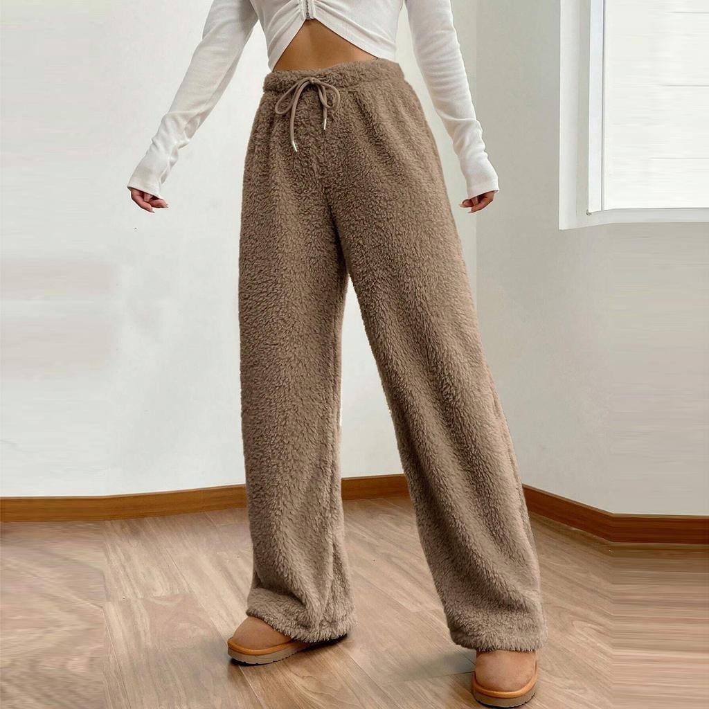 Women's Fashion Plush Casual Pants Solid Color Loose Comfortable Plush Warm Trousers