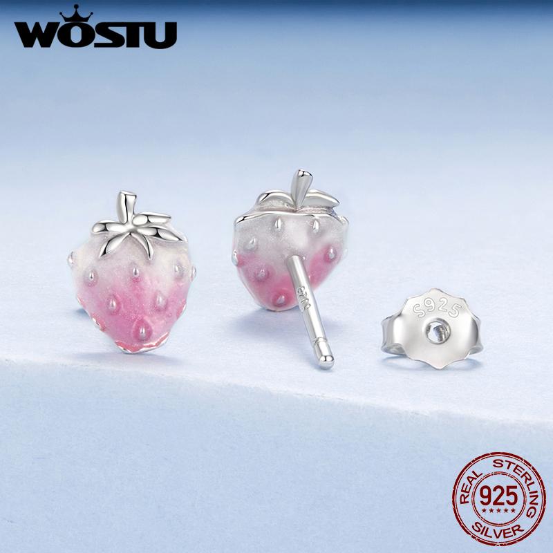 WOSTU 925 Sterling Silver Mini Pink Strawberry Stud Earrings Girl Daughter Jewelry Fruit Cherry Strawberry Studs Party Birthday