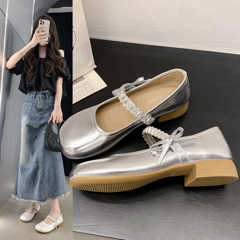 Fairy Wind Mary Jane Single Shoes Female Autumn New Round Head with Skirt Light Mouth Bow Low Heel Small Leather Shoes