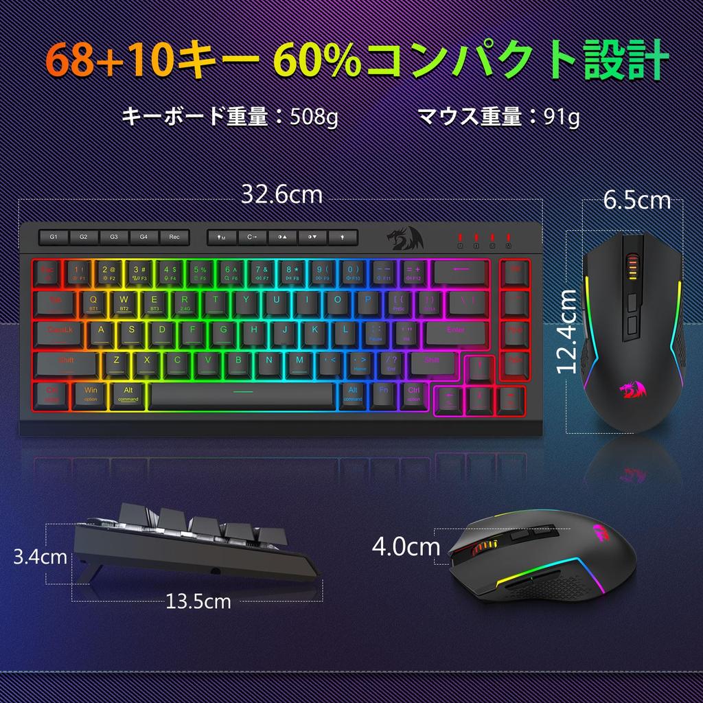 Redragon Wireless Keyboard and Mouse Set, 60% English Layout, Quiet, 3-Mode Connection, BT2.4GUSB-C Wired, Rechargeable, Membrane, 16.8 Million RGB