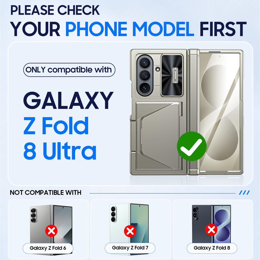 Hard Shell Wallet Case with RFID Blocking, Sliding Lens Cover and Hinge Protection for Galaxy Z Fold 8 Ultra-Titanium