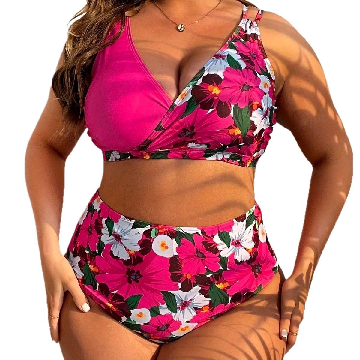 

Plus Size Fashionable Sexy Floral Print Push-Up Bikini Set Swimsuit 2XL