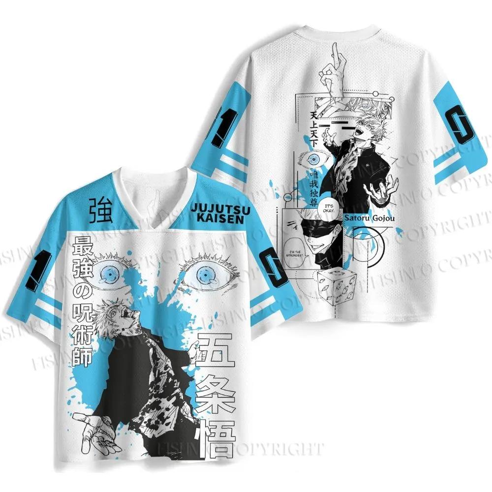 Anime Jujutsu Kaisen Satoru Gojo "The Strongest Sorcerer" Print Quick Drying Jersey T-shirt Men Oversized Streetwear V-Neck Tops