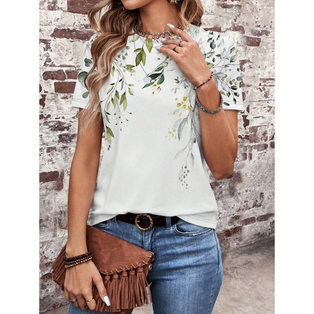 Damen T-Shirt Sommer Blumenzweig Muster Kurzarm Mode Sexy Mädchen Kleidung Y2k Print Tees Casual Wowen's Kleidung