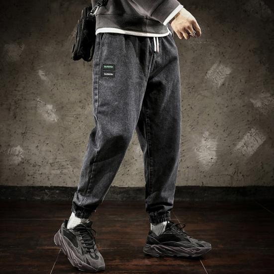 Mid-Rise Elastic Waistband Drawstring Shrinkable Cuffs Casual Jeans Men Multi Pockets Hip Hop Denim Jogging Pants Streetwear